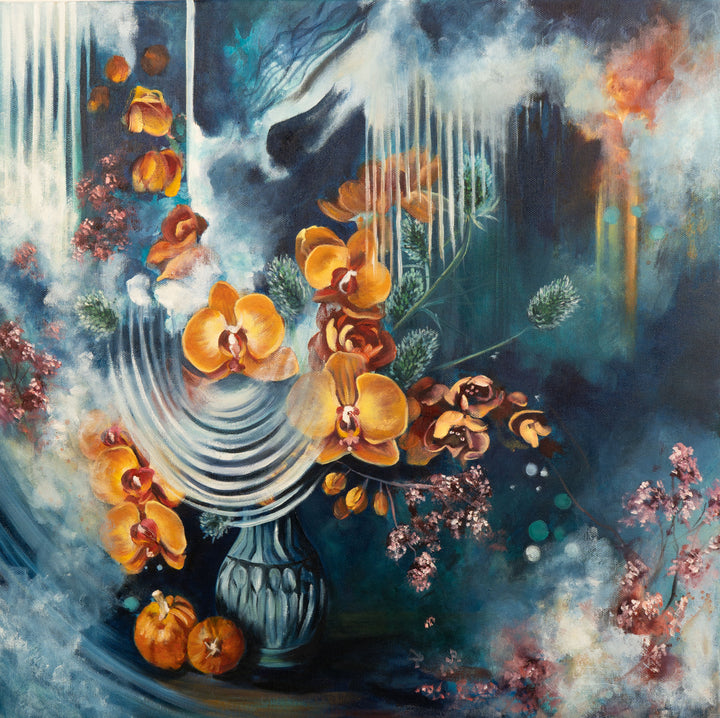 Tash Bardot's 'Fleeting Moments' painting. A dynamic, expressive still life featuring vibrant orange orchids in a textured vase, sweeping white lines, and miniature pumpkins set against a deep, moody blue background.