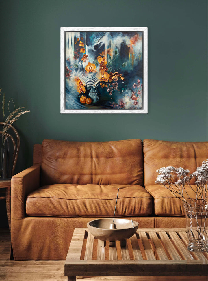 Expressive floral wall art 'Fleeting Moments' by Tash Bardot displayed in an elegant room interior. A moody, dynamic painting offering visual relief and a quiet, mindful sanctuary.