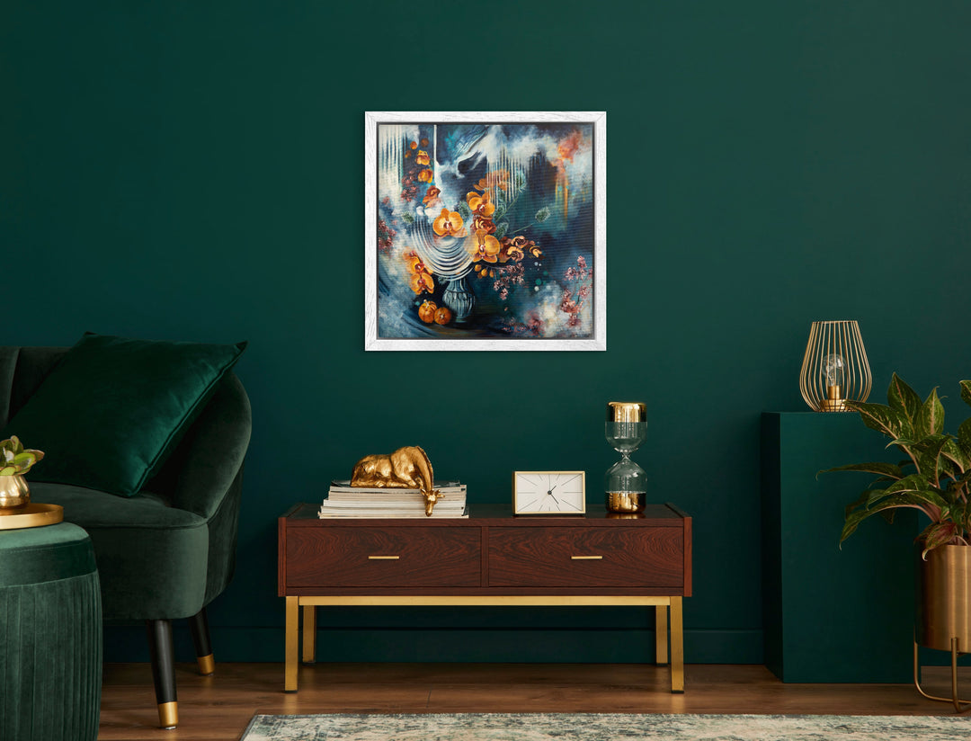 Expressive floral wall art 'Fleeting Moments' by Tash Bardot displayed in an elegant room interior. A moody, dynamic painting offering visual relief and a quiet, mindful sanctuary.
