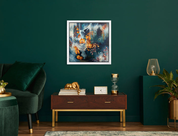 Expressive floral wall art 'Fleeting Moments' by Tash Bardot displayed in an elegant room interior. A moody, dynamic painting offering visual relief and a quiet, mindful sanctuary.