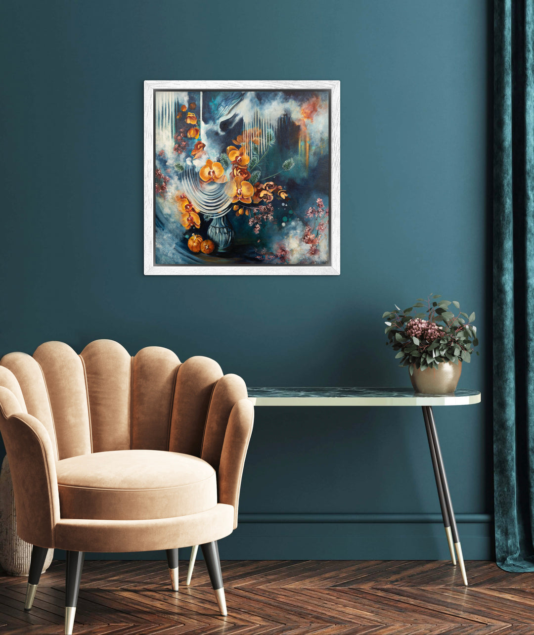 Expressive floral wall art 'Fleeting Moments' by Tash Bardot displayed in an elegant room interior. A moody, dynamic painting offering visual relief and a quiet, mindful sanctuary.