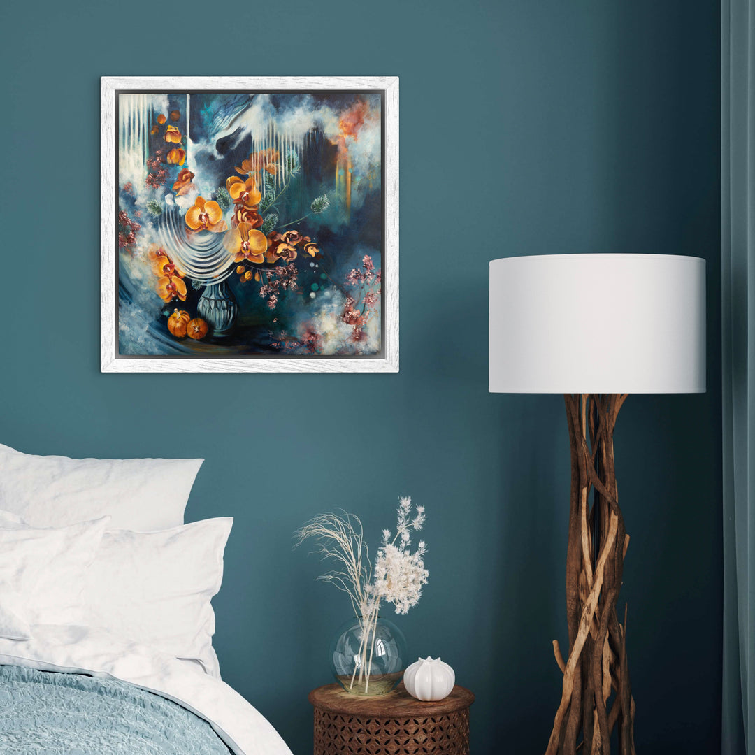 Expressive floral wall art 'Fleeting Moments' by Tash Bardot displayed in an elegant room interior. A moody, dynamic painting offering visual relief and a quiet, mindful sanctuary.