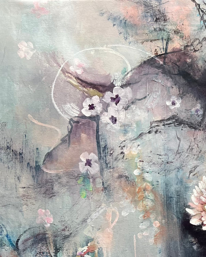 Close-up detail of 'Flowing Beauty' by Tash Bardot, highlighting the soft, textured petals of the white blossoms amidst a textured, expressive background. 