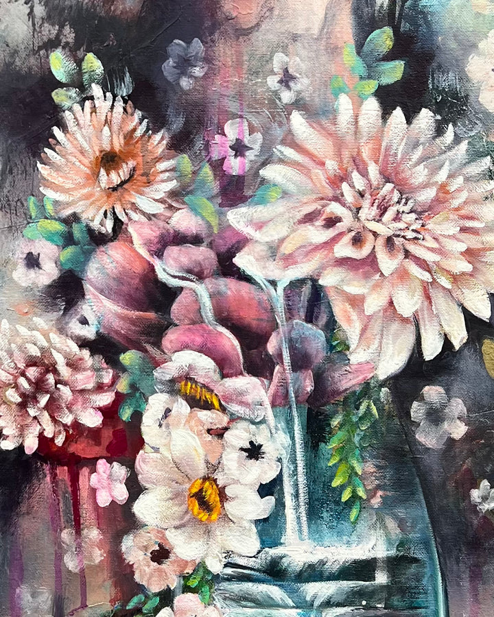 Close-up detail of 'Flowing Beauty' by Tash Bardot, highlighting the soft, textured petals of the pink dahlias and delicate white blossoms.