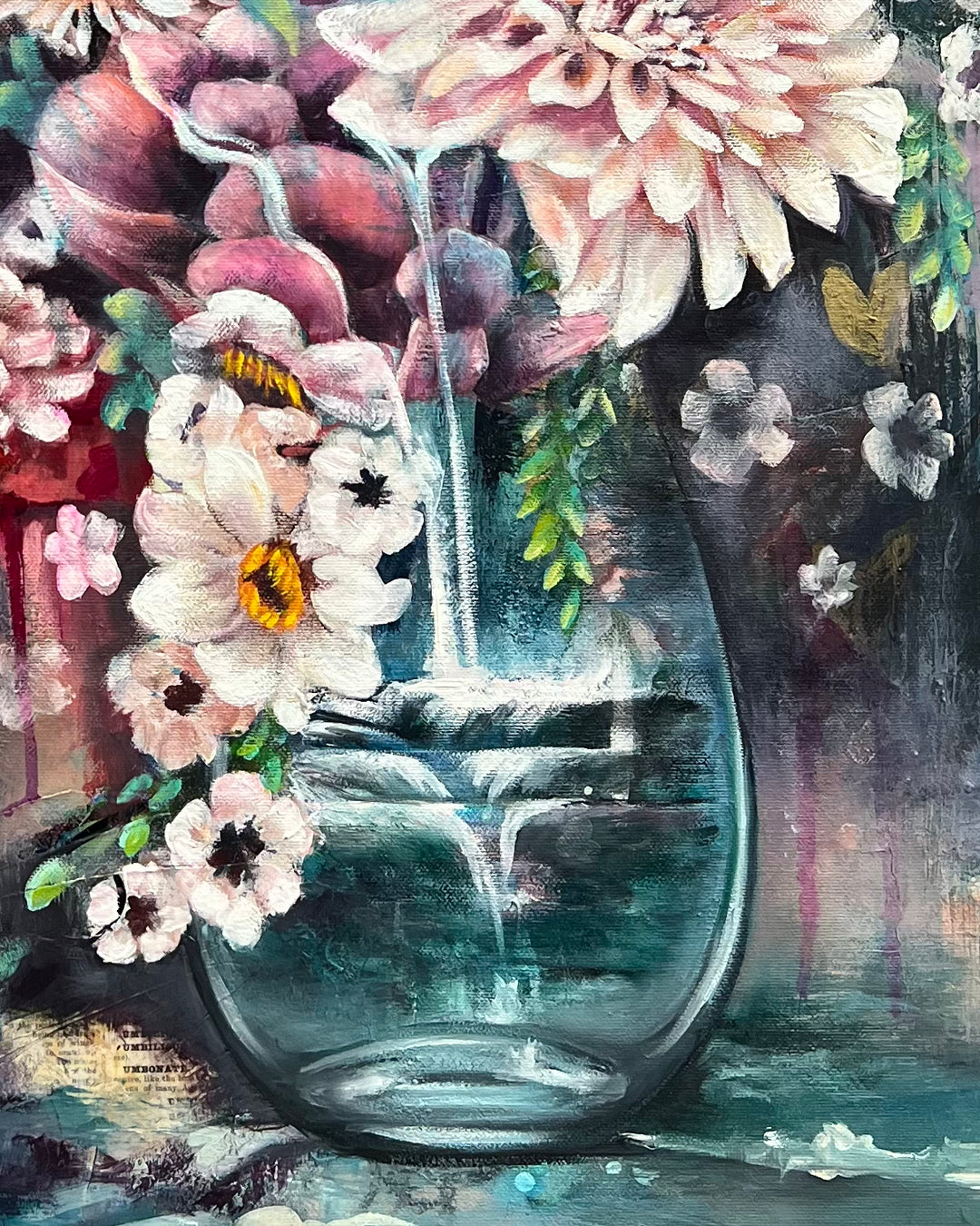 Detail shot of Tash Bardot's 'Flowing Beauty,' focusing on the translucent glass vase and the intuitive, cascading white lines that resemble flowing water.