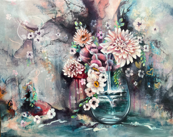 Tash Bardot's 'Flowing Beauty' painting. A dreamy, fluid composition of pink and white flowers in a glass vase, with cascading water elements and atmospheric teal and purple textures.