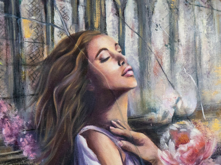 Detail shot of Tash Bardot's 'Garden of Calm', focusing on the chaotic yet serene unpolished marks and expressive woman.