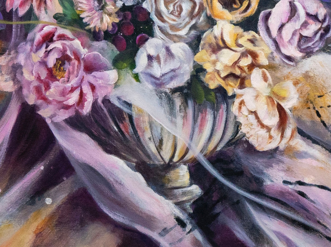 Detail shot of Tash Bardot's 'Garden of Calm', focusing on the chaotic yet serene unpolished marks and expressive botanical elements painted in purples, yellows and pinks.
