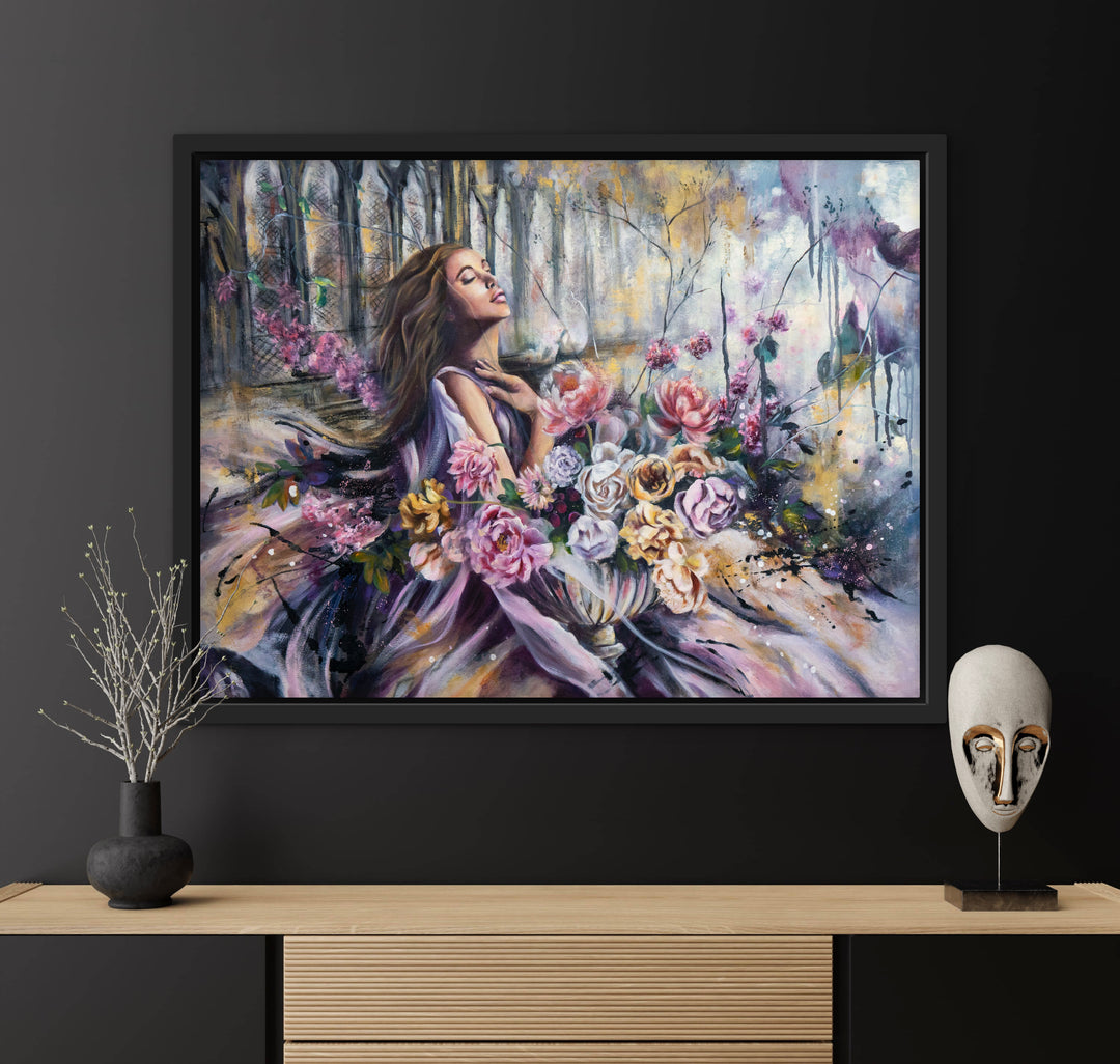 'Garden of Calm' wall art by Tash Bardot featured in a tranquil room interior. An expressive floral piece designed to offer a visual sanctuary and quiet relief for the high-achiever.