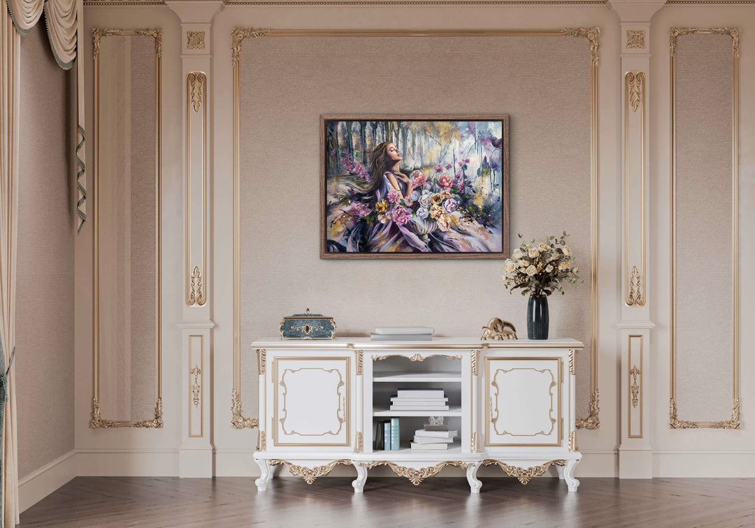 'Garden of Calm' wall art by Tash Bardot featured in a tranquil room interior. An expressive floral piece designed to offer a visual sanctuary and quiet relief for the high-achiever.