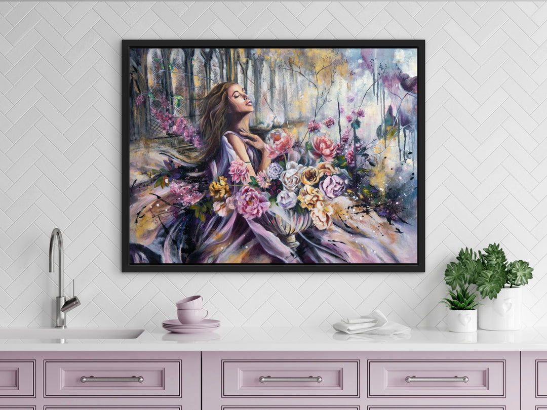 'Garden of Calm' wall art by Tash Bardot featured in a tranquil room interior. An expressive floral piece designed to offer a visual sanctuary and quiet relief for the high-achiever.