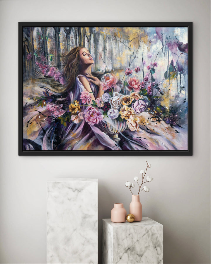 'Garden of Calm' wall art by Tash Bardot featured in a tranquil room interior. An expressive floral piece designed to offer a visual sanctuary and quiet relief for the high-achiever.