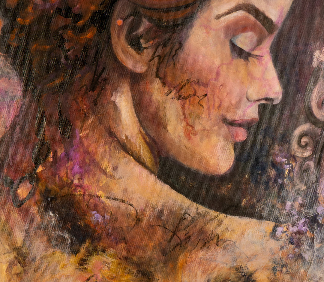 Close-up detail of 'Guardian of Dreams' by Tash Bardot, highlighting the woman's calm features and the delicate, expressive marks around her. 