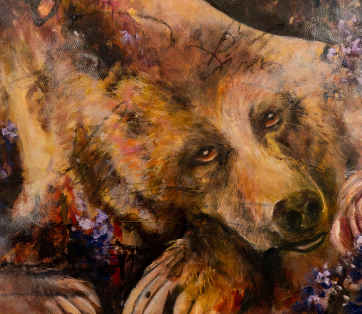 Detail shot of 'Guardian of Dreams' by Tash Bardot, focusing on the soulful eyes of the bear.