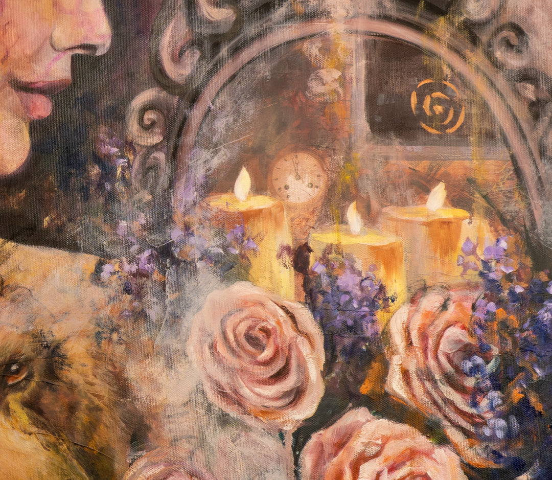 Detail shot of 'Guardian of Dreams' by Tash Bardot, focusing warm glow of the lit candles.