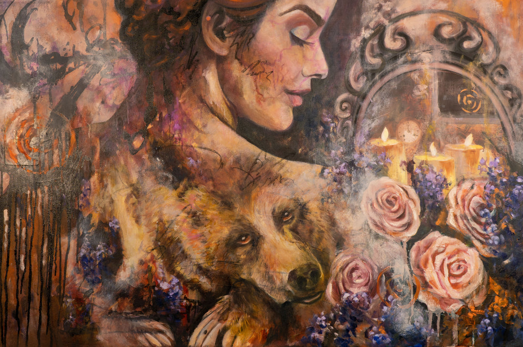 Tash Bardot's 'Guardian of Dreams' painting. An expressive portrait merging a serene woman's profile with a pensive brown bear, surrounded by lit candles and pink roses.