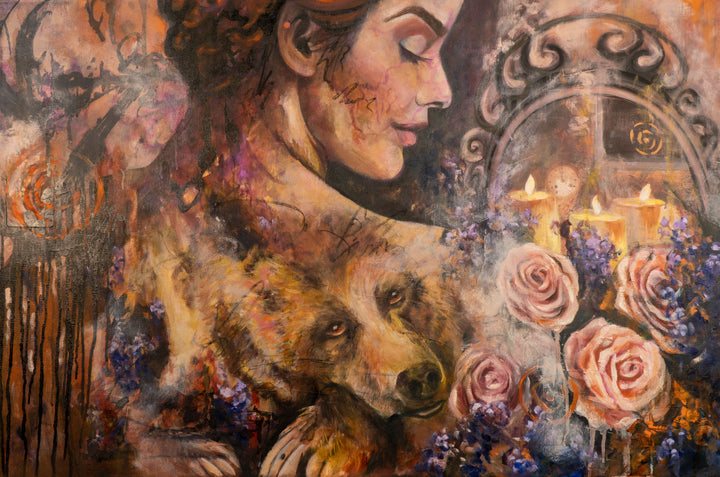 Tash Bardot's 'Guardian of Dreams' painting. An expressive portrait merging a serene woman's profile with a pensive brown bear, surrounded by lit candles and pink roses.