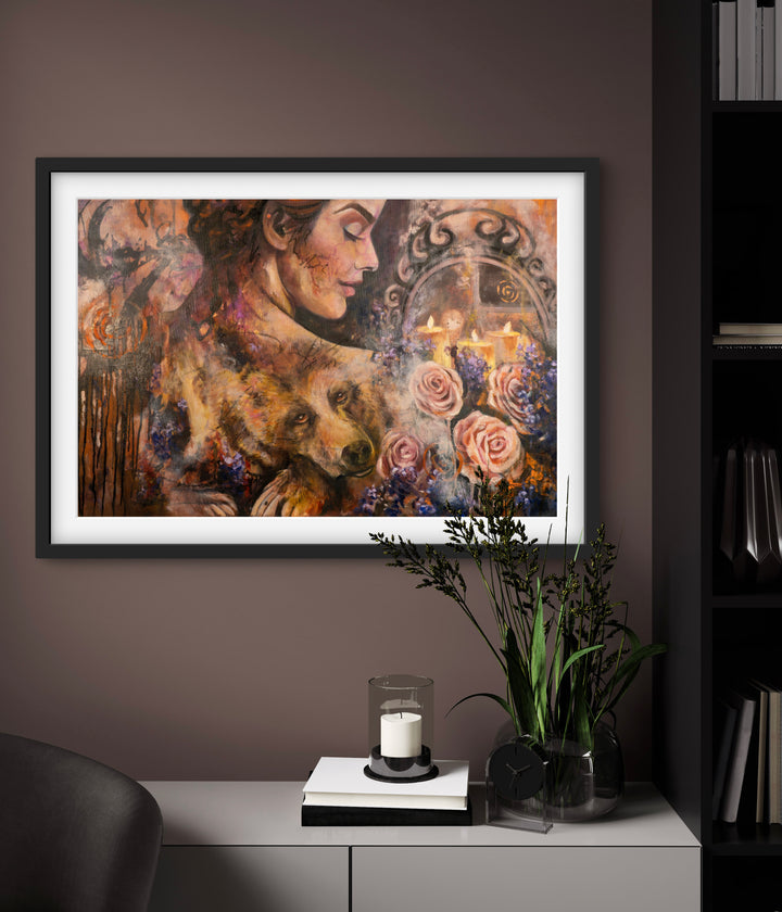 Cozy office space featuring the 'Guardian of Dreams' fine art print by Tash Bardot. A visual anchor that creates a private sanctuary and validates the power of stillness.
