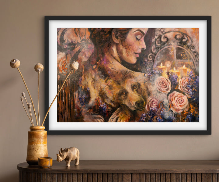 Warm and rustic sideboard area featuring  the 'Guardian of Dreams' fine art print by Tash Bardot. A visual anchor that creates a private sanctuary and validates the power of stillness.