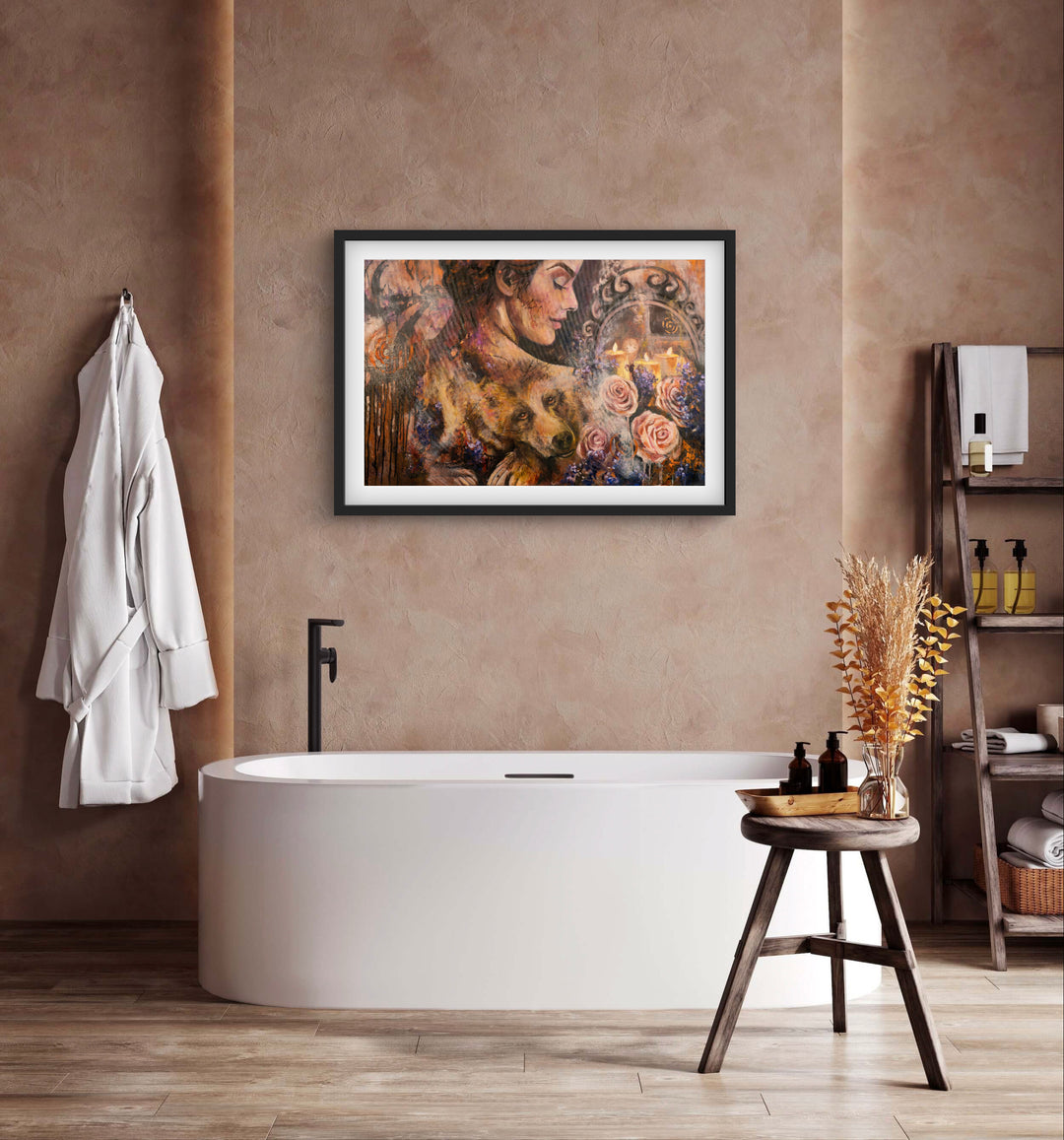 Elegant and contemporary bathroom featuring the 'Guardian of Dreams' fine art print by Tash Bardot. A visual anchor that creates a private sanctuary and validates the power of stillness.