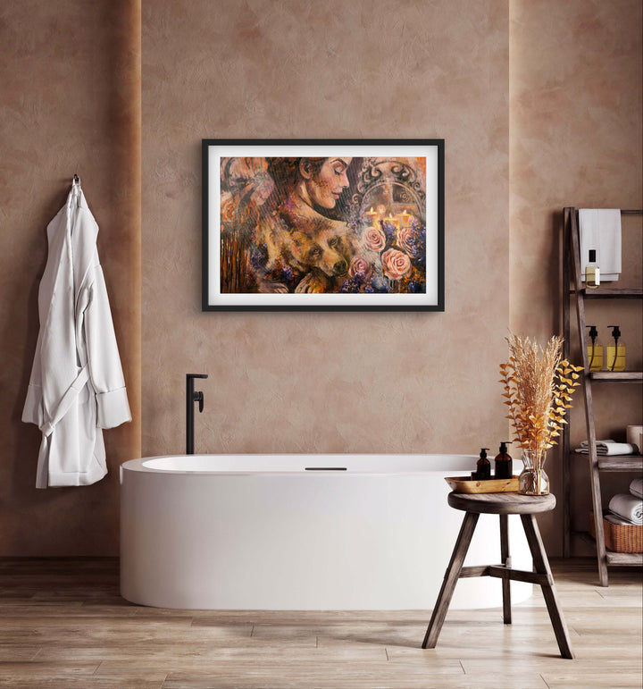Elegant and contemporary bathroom featuring the 'Guardian of Dreams' fine art print by Tash Bardot. A visual anchor that creates a private sanctuary and validates the power of stillness.