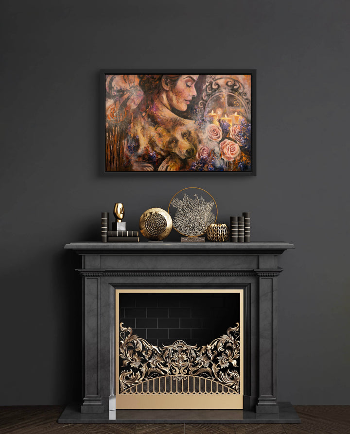 Mindful interior design view of a living space featuring the 'Guardian of Dreams' artwork by Tash Bardot. A visual anchor that creates a private sanctuary and validates the power of stillness.
