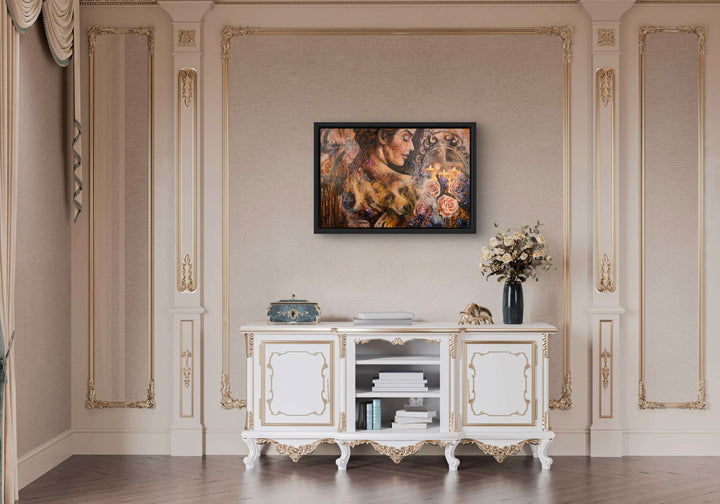 Mindful interior design view of an elegant living room featuring the 'Guardian of Dreams' artwork by Tash Bardot. A visual anchor that creates a private sanctuary and validates the power of stillness.