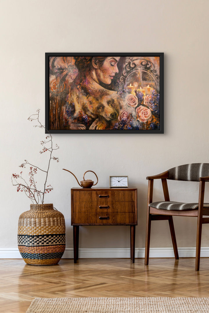 Mindful interior design featuring the 'Guardian of Dreams' artwork by Tash Bardot. A visual anchor that creates a private sanctuary and validates the power of stillness.