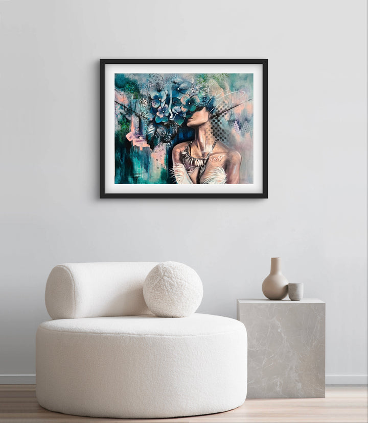 Introspective portrait 'Hidden Haven' by Tash Bardot hung in a luxurious, contemporary living space. The blue hydrangea fine art print serves as a visual anchor for protecting your peace.