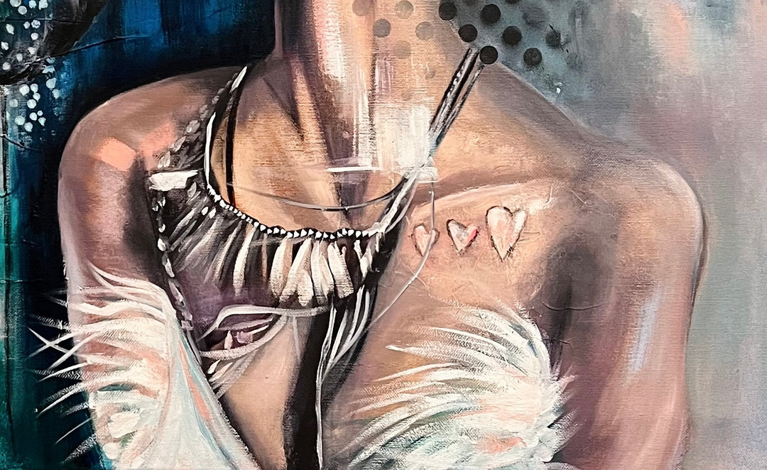 Detail shot of Tash Bardot's 'Hidden Haven,' focusing on the intricate statement necklace and three soft hearts painted on the woman's chest.