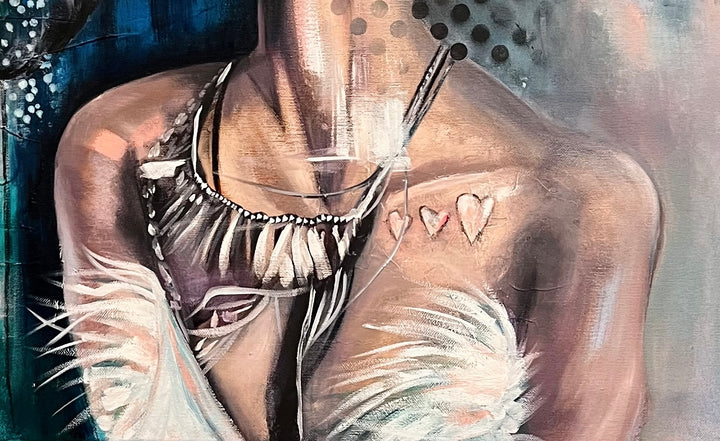 Detail shot of Tash Bardot's 'Hidden Haven,' focusing on the intricate statement necklace and three soft hearts painted on the woman's chest.