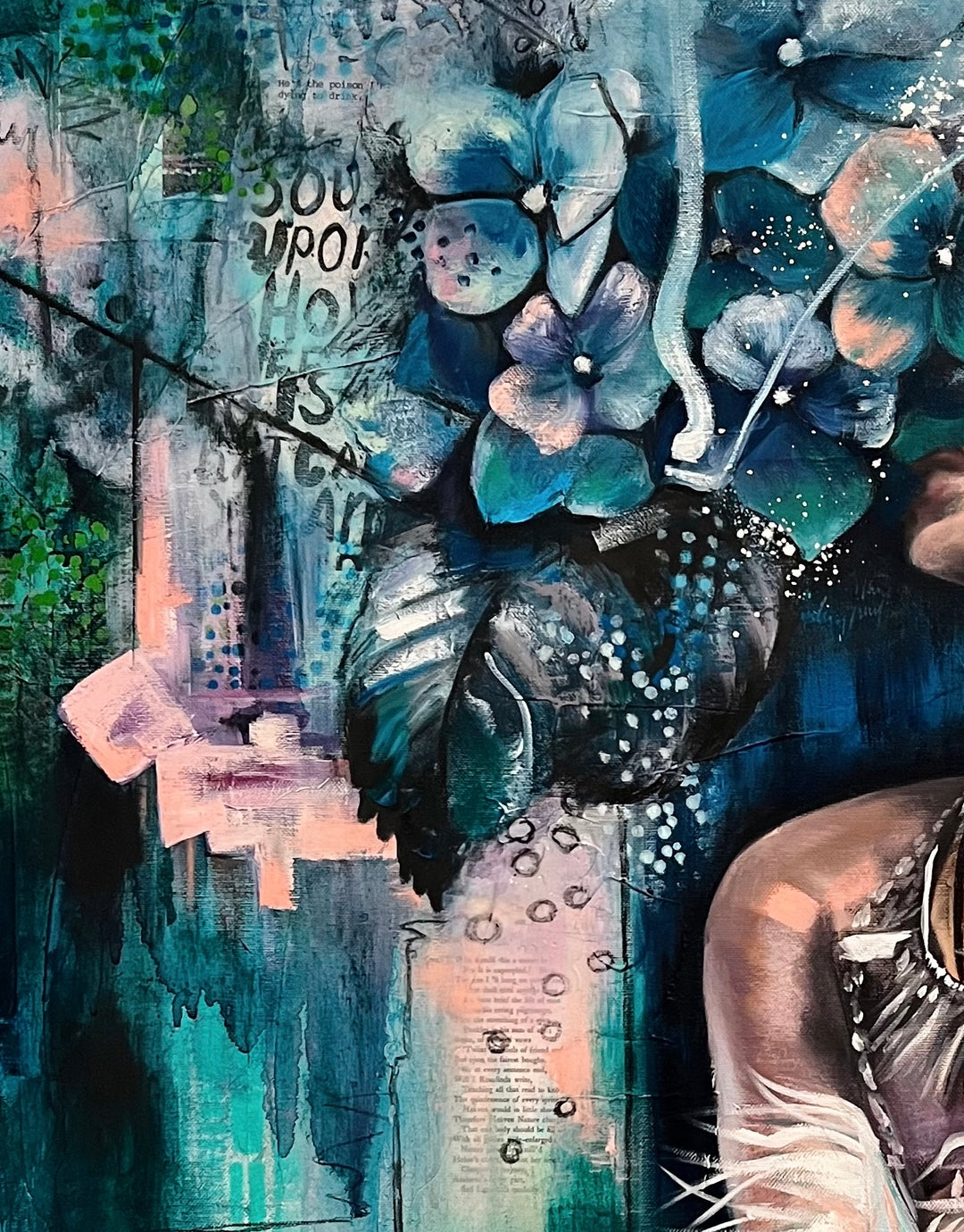 Close-up detail of 'Hidden Haven' by Tash Bardot, highlighting the rich blue and teal petals of the hydrangeas that beautifully obscure the subject's vision.