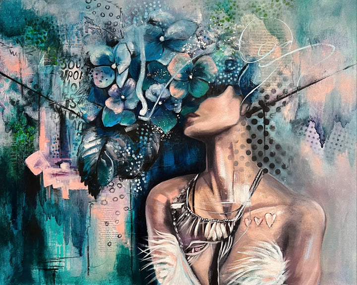 Tash Bardot's 'Hidden Haven' painting. A serene woman with three painted hearts on her chest, her eyes peacefully covered by a vibrant cluster of blue hydrangeas against a teal abstract background.