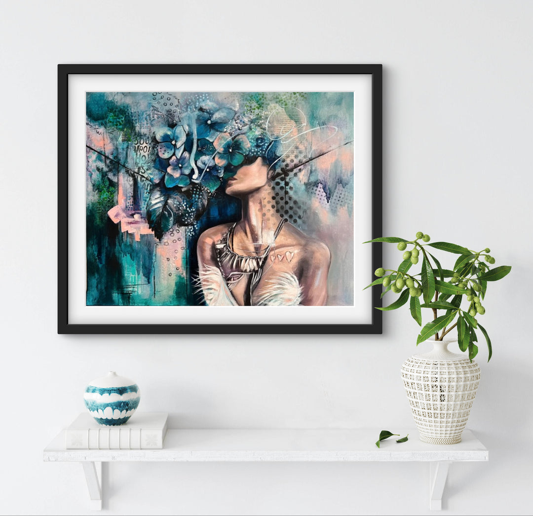 Introspective portrait 'Hidden Haven' by Tash Bardot hung in a luxurious, contemporary living space. The blue hydrangea fine art print serves as a visual anchor for protecting your peace.