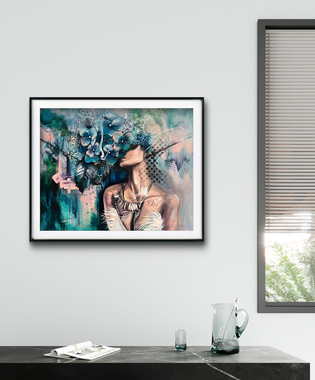 Introspective portrait 'Hidden Haven' by Tash Bardot hung in a luxurious, contemporary living space. The blue hydrangea artwork serves as a visual anchor for protecting your peace.