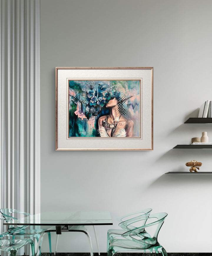 Introspective portrait 'Hidden Haven' by Tash Bardot hung in a lush, contemporary dining area. The blue hydrangea artwork serves as a visual anchor for protecting your peace.
