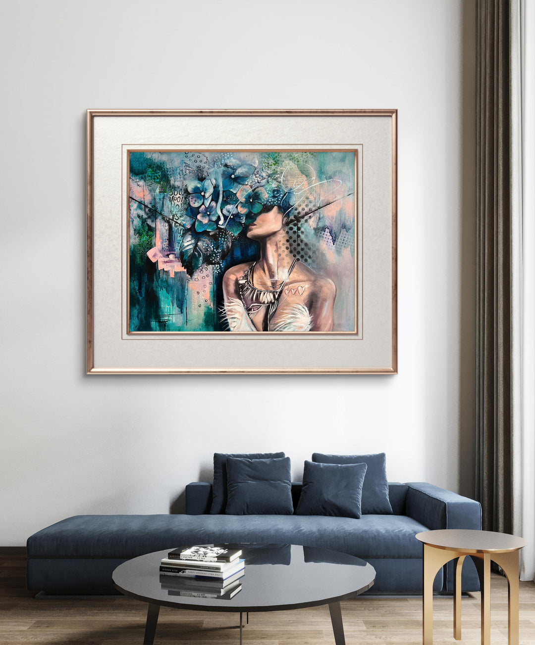 Introspective portrait 'Hidden Haven' by Tash Bardot hung in a peaceful, living space. The blue hydrangea artwork serves as a visual anchor for protecting your peace.