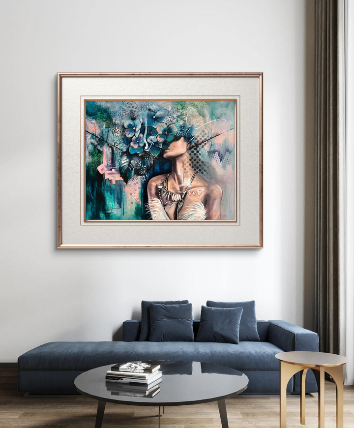 Introspective portrait 'Hidden Haven' by Tash Bardot hung in a peaceful, living space. The blue hydrangea artwork serves as a visual anchor for protecting your peace.