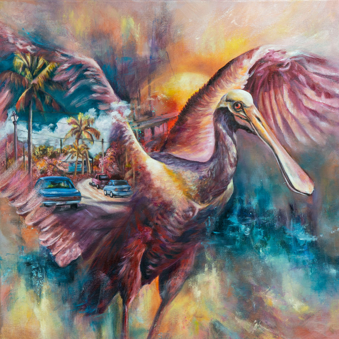 Tash Bardot's 'In Plain Sight' 24x24 painting. A surreal, expressive artwork where the wing of a vibrant pink tropical bird blends seamlessly into an everyday neighborhood street scene with cars and palm trees.