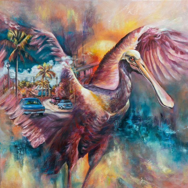 Tash Bardot's 'In Plain Sight' 24x24 painting. A surreal, expressive artwork where the wing of a vibrant pink tropical bird blends seamlessly into an everyday neighborhood street scene with cars and palm trees.