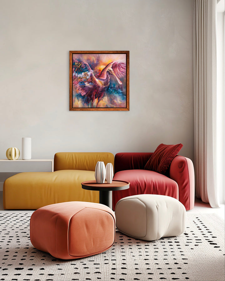Surreal tropical bird wall art by Tash Bardot displayed in a modern home. A colorful, thought-provoking painting offering visual relief and reminding us to find magic in the ordinary.