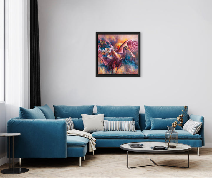 Surreal tropical bird wall art by Tash Bardot displayed in a modern home. A colorful, thought-provoking painting offering visual relief and reminding us to find magic in the ordinary.