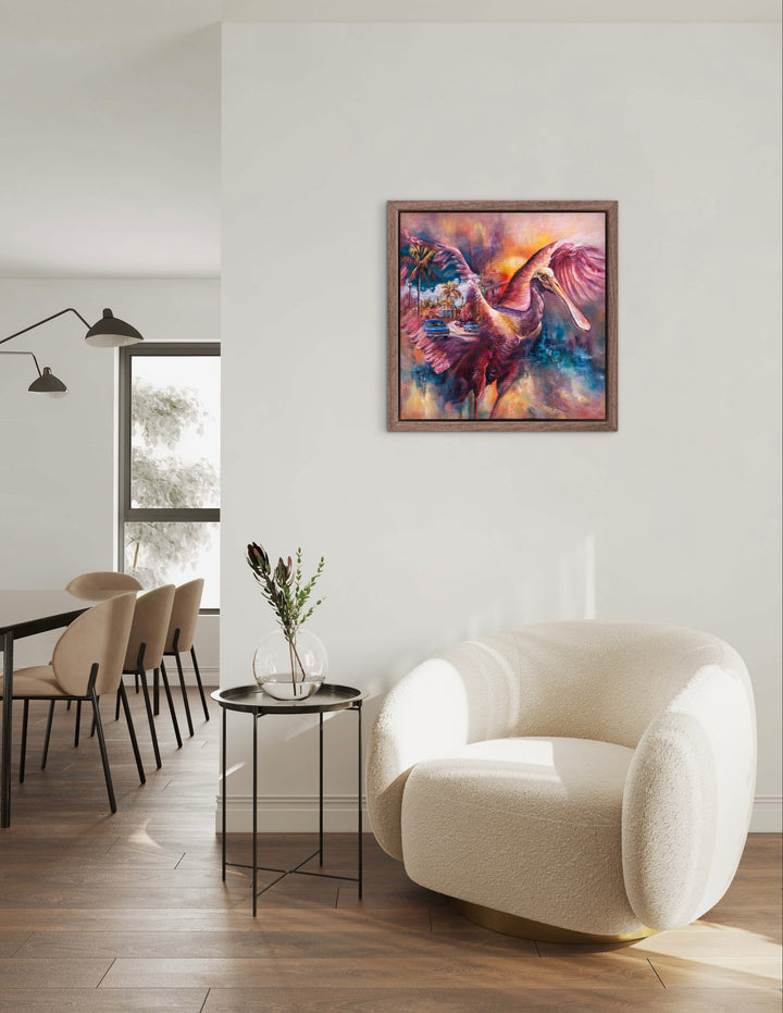 Surreal tropical bird wall art by Tash Bardot displayed in a modern home. A colorful, thought-provoking painting offering visual relief and reminding us to find magic in the ordinary.