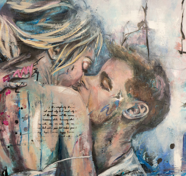 Close-up detail of 'Kiss of Promise' by Tash Bardot, highlighting the peaceful, grounded kiss shared between the couple, providing a calm focal point.
