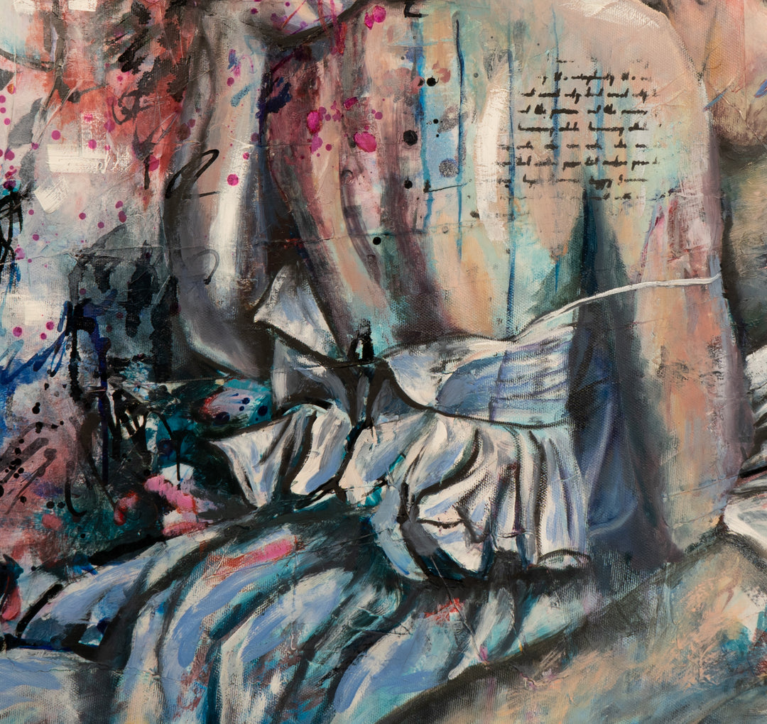 Detail shot of Tash Bardot's 'Kiss of Promise,' focusing on the dynamic, urban-inspired background featuring abstract blue brushwork and subtle script on the woman's back.