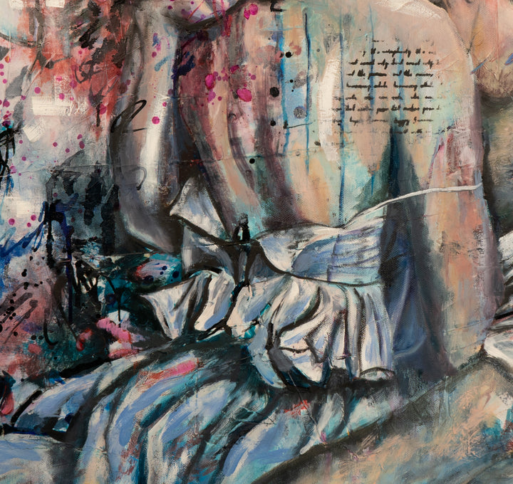 Detail shot of Tash Bardot's 'Kiss of Promise,' focusing on the dynamic, urban-inspired background featuring abstract blue brushwork and subtle script on the woman's back.