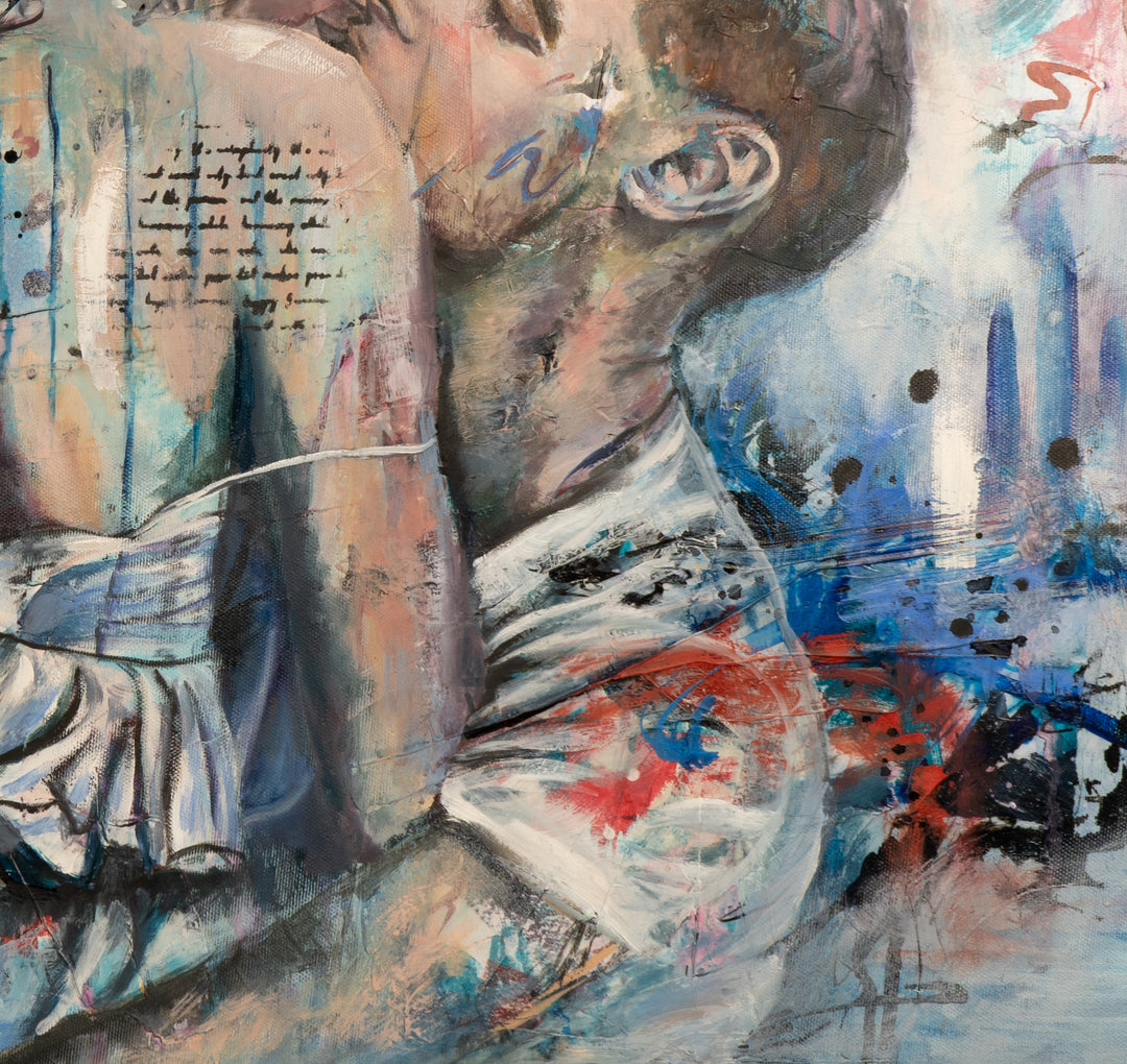 Detail shot of Tash Bardot's 'Kiss of Promise,' focusing on the dynamic, urban-inspired background featuring abstract blue brushwork and subtle script on the woman's back.