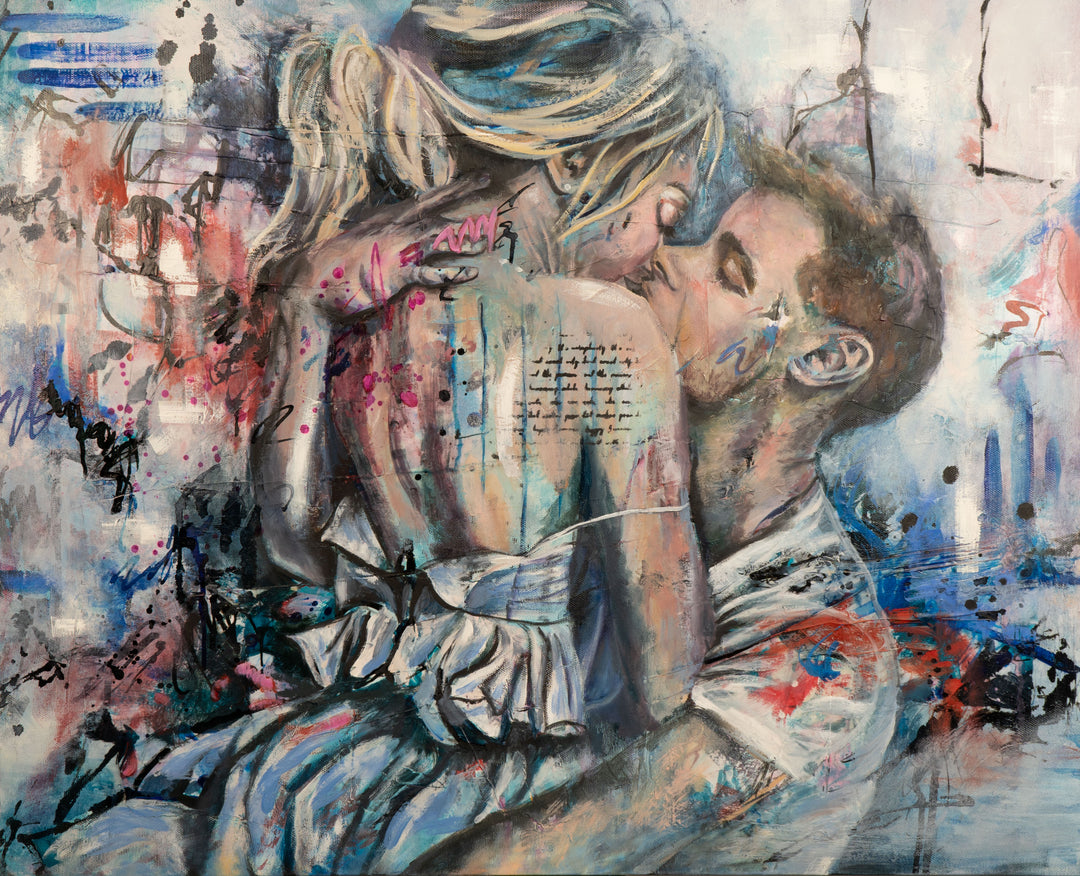 Tash Bardot's 'Kiss of Promise' painting. A couple sharing a quiet, intimate kiss, contrasted against an energetic, abstract background of blue and pink textures, text, and splatters.