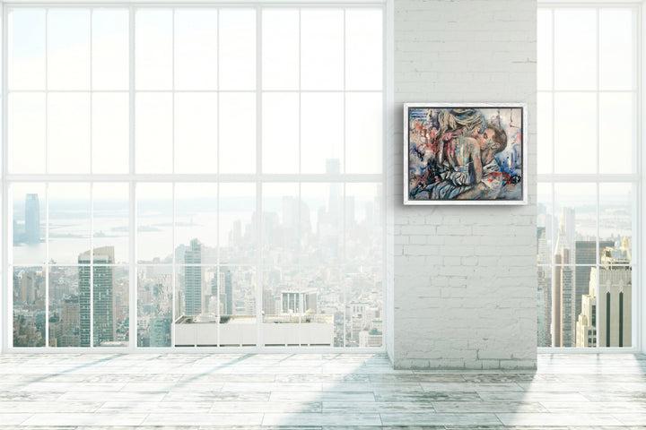 Dynamic couple painting 'Kiss of Promise' by Tash Bardot hung in a modern, light-filled high rise building. The abstract urban romance piece serves as a grounding visual anchor in the contemporary space