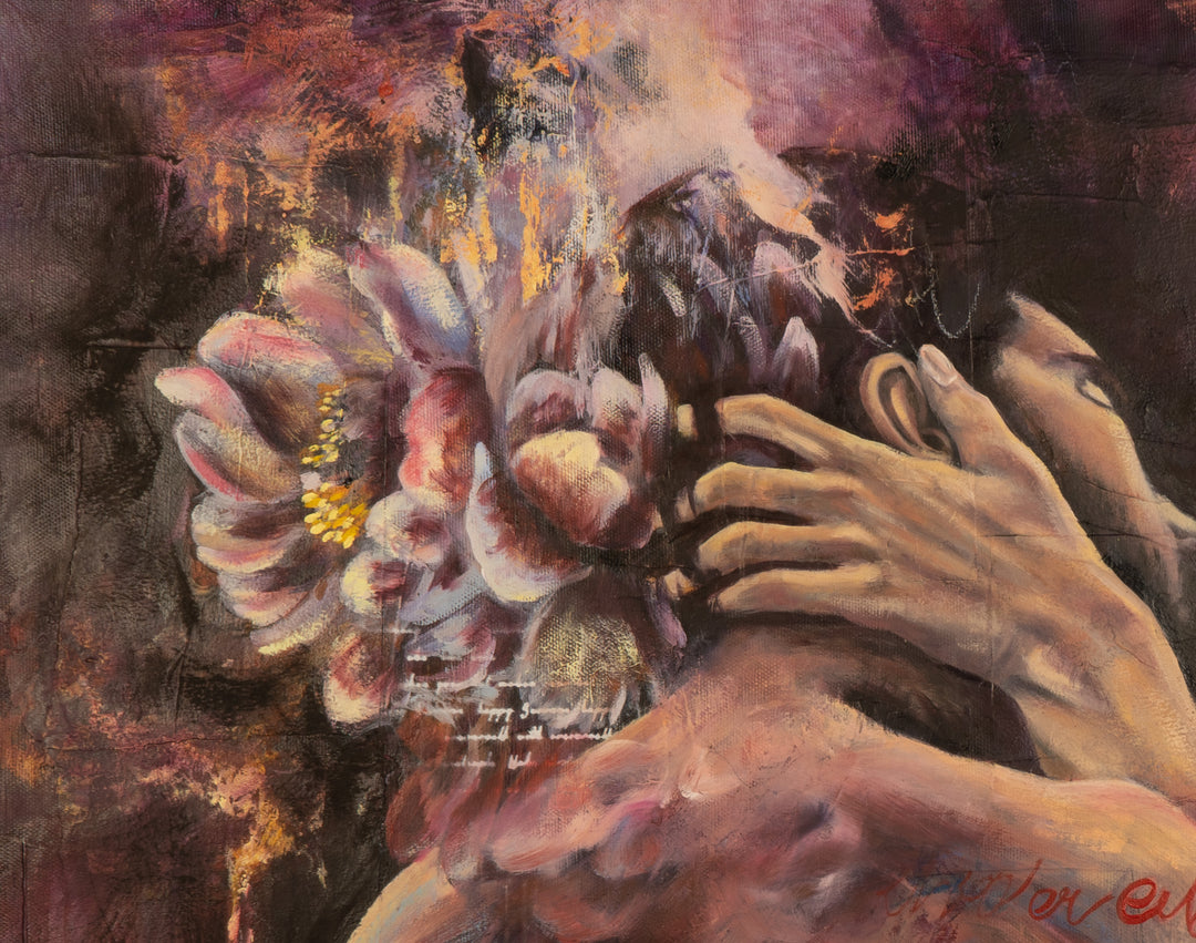 Detail shot of Tash Bardot's 'Lady in Love,' focusing on the lush, textured pink and violet blooms that frame the romantic composition.